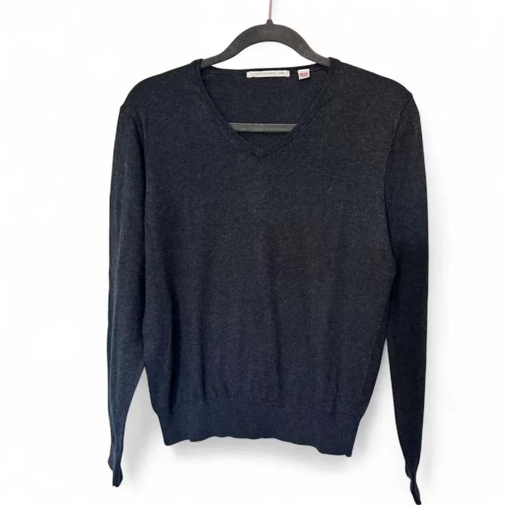 Uniqlo Cotton Cashmere Blend Mens Sweater Size S V-Neck Lightweight Charcoal